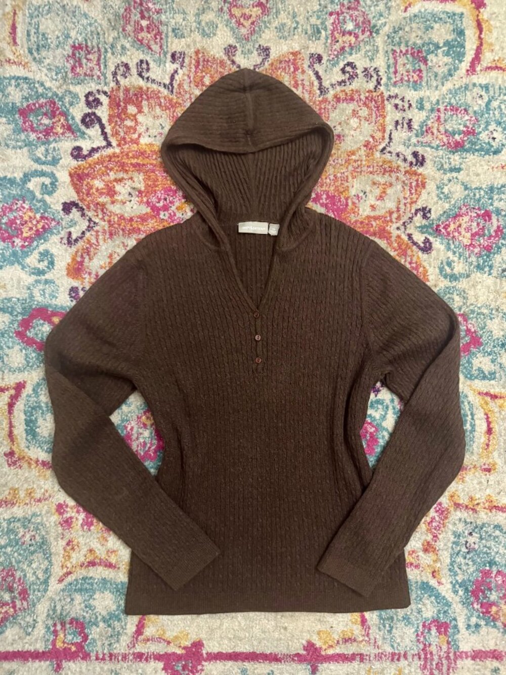 Croft & Barrow Chocolate Brown Cable Knit Hooded Sweater Henley Women’s XL